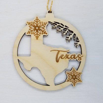 Texas Wood Ornament -  TX State Shape with Snowflakes Cutout - Handmade Wood Ornament Made in USA Christmas Decor