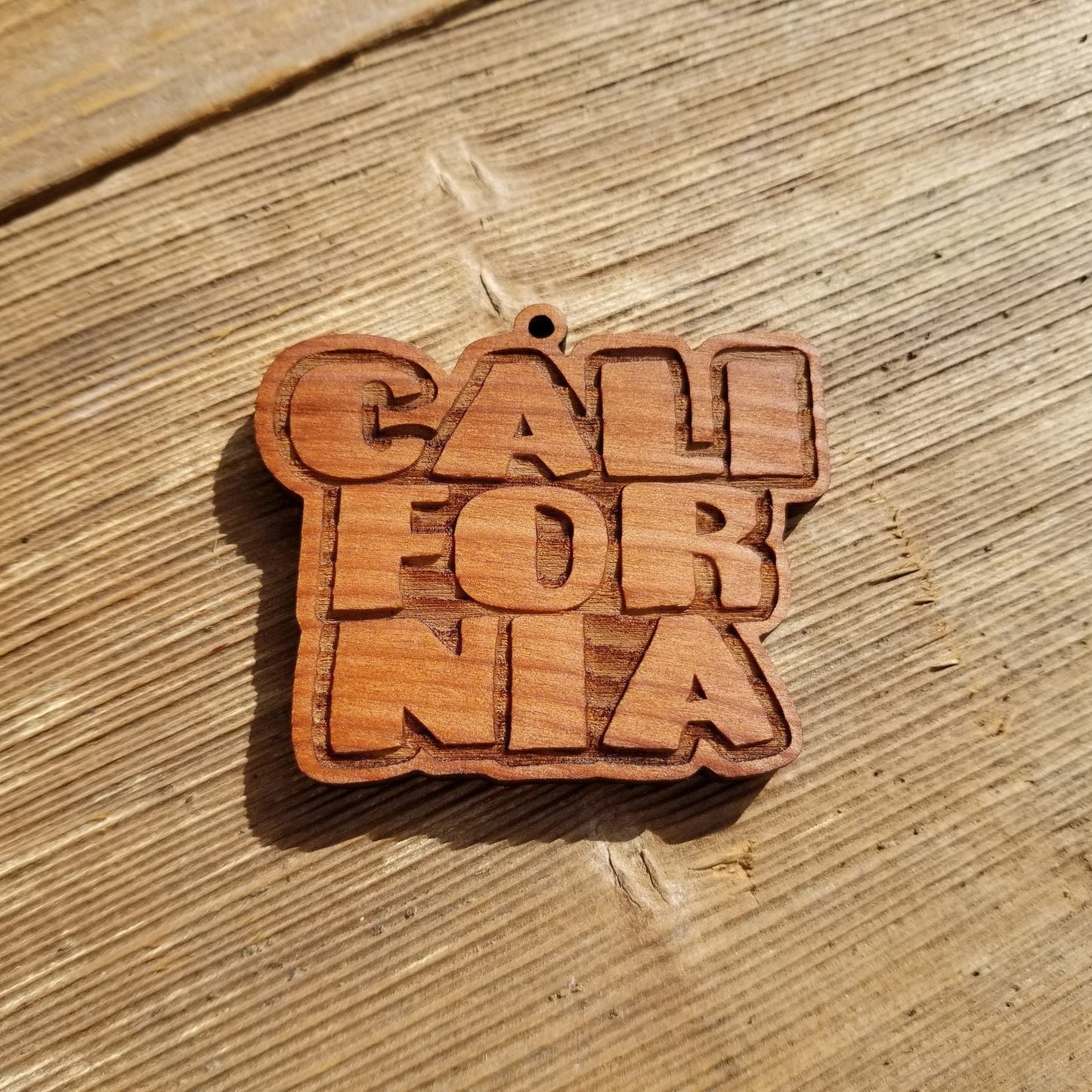 California Spellout Bubble Letters Christmas Ornament Handmade Wood Ornament Made in USA Laser Cut Redwood