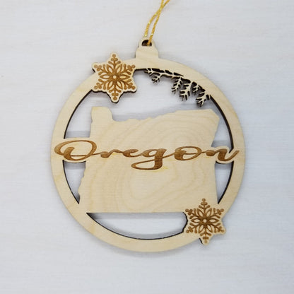 Oregon Wood Ornament -  State Shape with Snowflakes Cutout OR - Handmade Wood Ornament Made in USA Christmas Decor