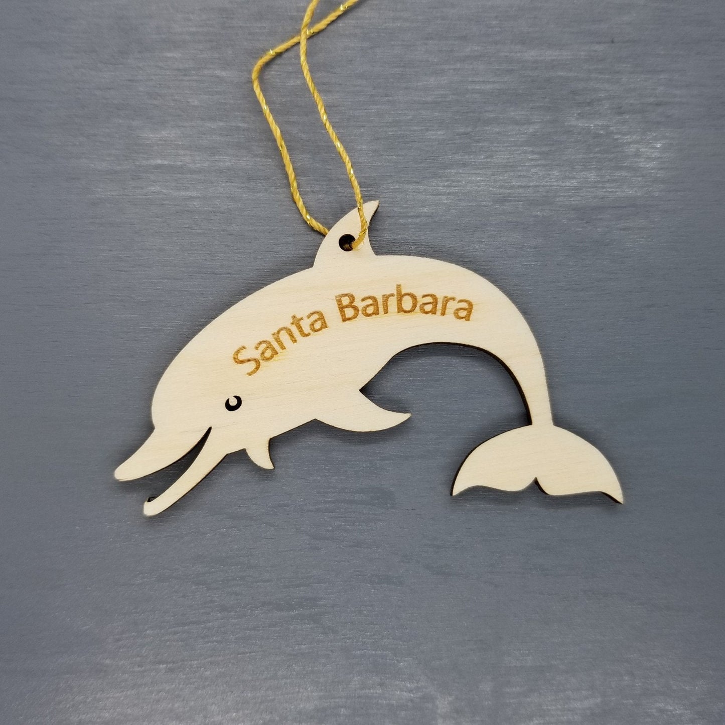 Santa Barbara California Ornament - Handmade Wood Ornament - CA Smiling Dolphin Horizontal - Christmas Ornament 3 Inch