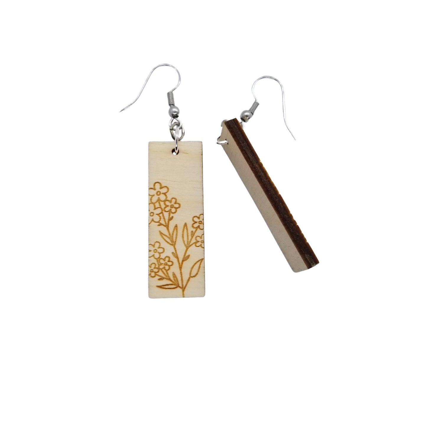 Wood Earrings - Floral Rectangle Shape Engraved Wood Drop Earrings - Dangle Earrings - Gift Flowers Daisies