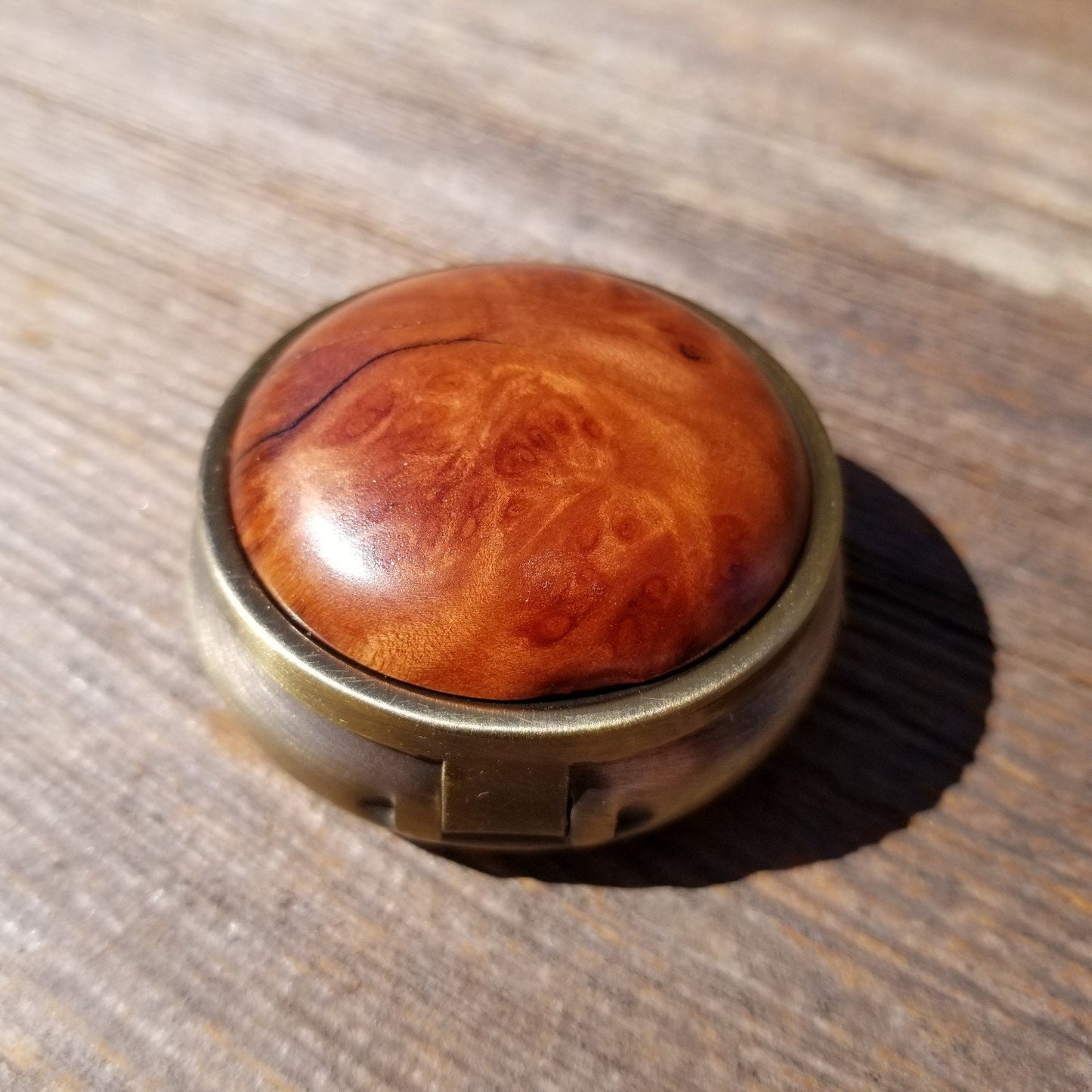 Wood Pill Box 3 Sections Handmade Top California Redwood Burl Souvenir Memento Mothers Day Gift Antique Bronze #420