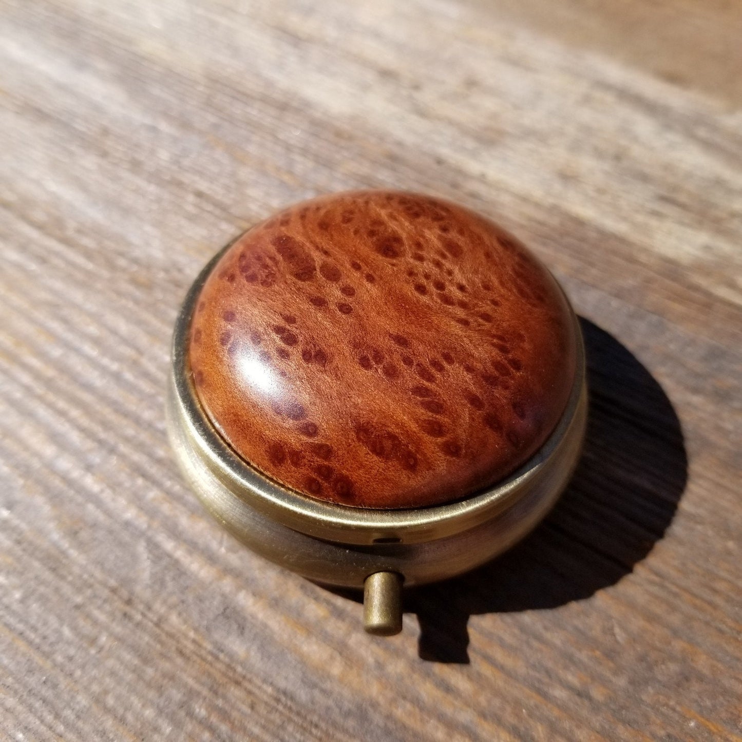 Redwood Pill Box 3 Sections Handmade Top California Burl Souvenir #422 Memento Mothers Day Gift Antique Bronze