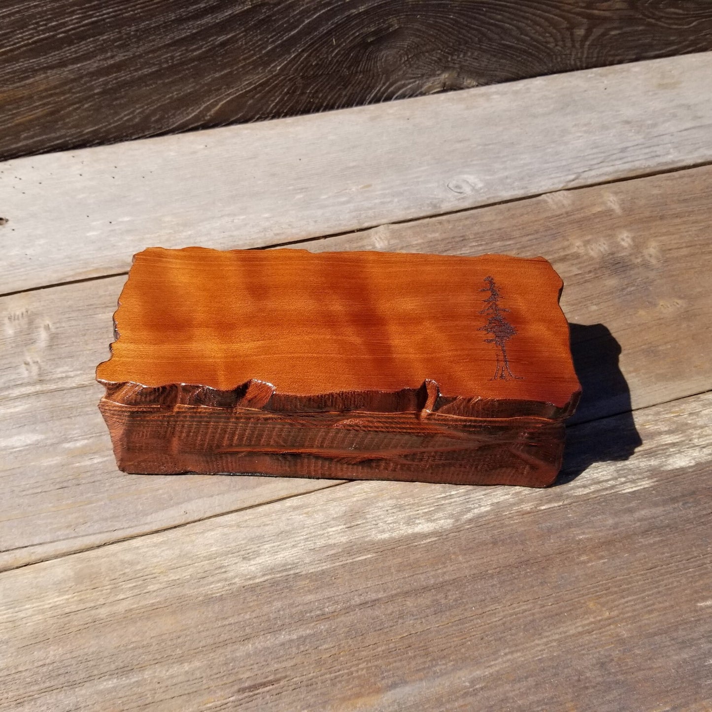 Handmade Wood Box with Redwood Tree Engraved Rustic Handmade Curly Wood #496 California Redwood Jewelry Box Storage Box