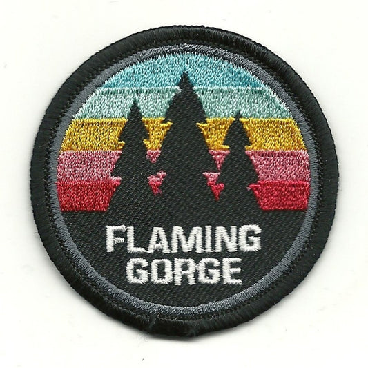 Flaming Gorge – Utah Patch –  Wyoming Patch WY UT Souvenir – Travel Patch – Iron On – Applique 2.5" Circle Trees Colored Retro Stripes