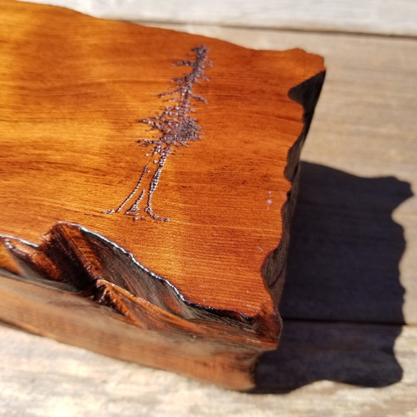 Handmade Wood Box with Redwood Tree Engraved Rustic Handmade Curly Wood #494 California Redwood Jewelry Box Storage Box