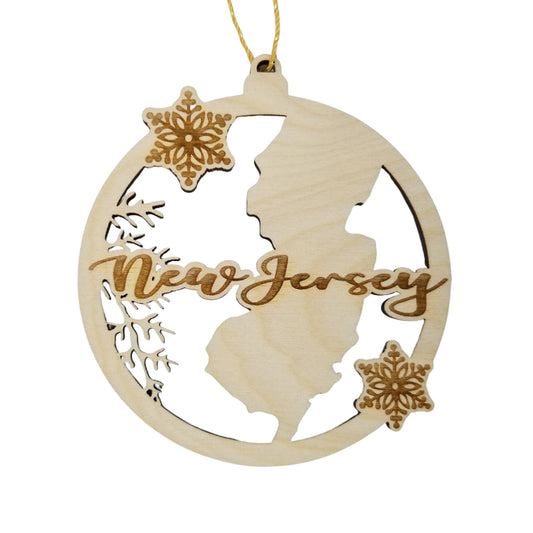 New Jersey Ornament - State Shape with Snowflakes Cutout NJ - Handmade Wood Ornament Made in USA Christmas Decor