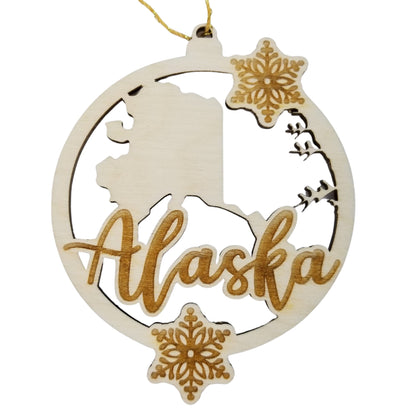 Wholesale Alaska Wood Ornament -  State Shape with Snowflakes AK Cutout - Wood Souvenir