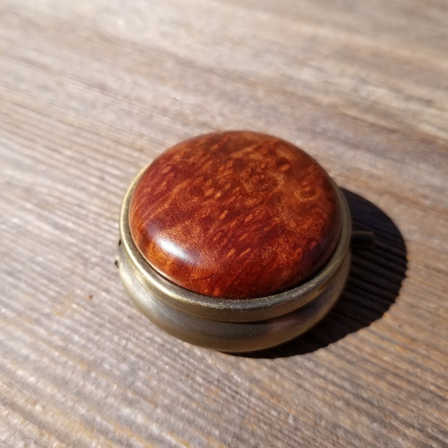 Handmade Pill Box 3 Sections Redwood Top California Burl Souvenir Memento Rustic Antique Bronze #418