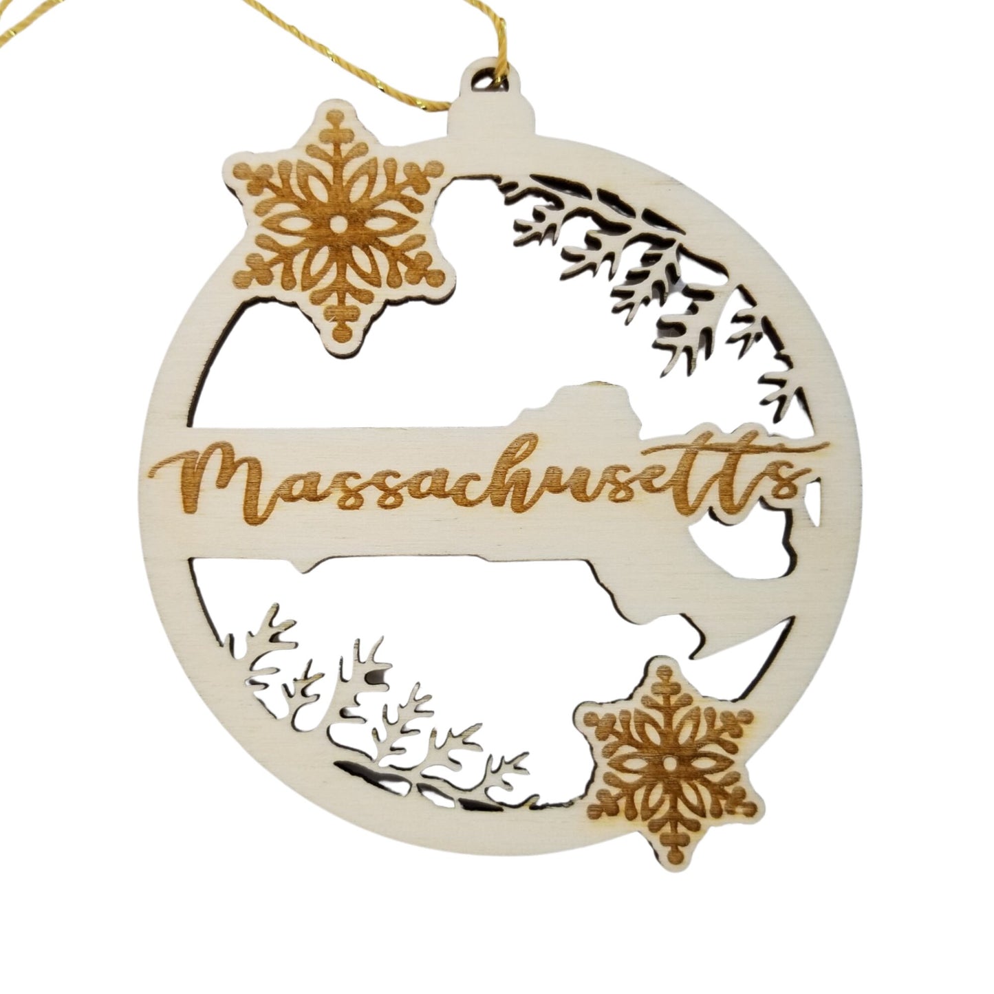 Massachusetts Wood Ornament -  State Shape with Snowflakes MA Cutout - Handmade Wood Ornament Made in USA Christmas Decor