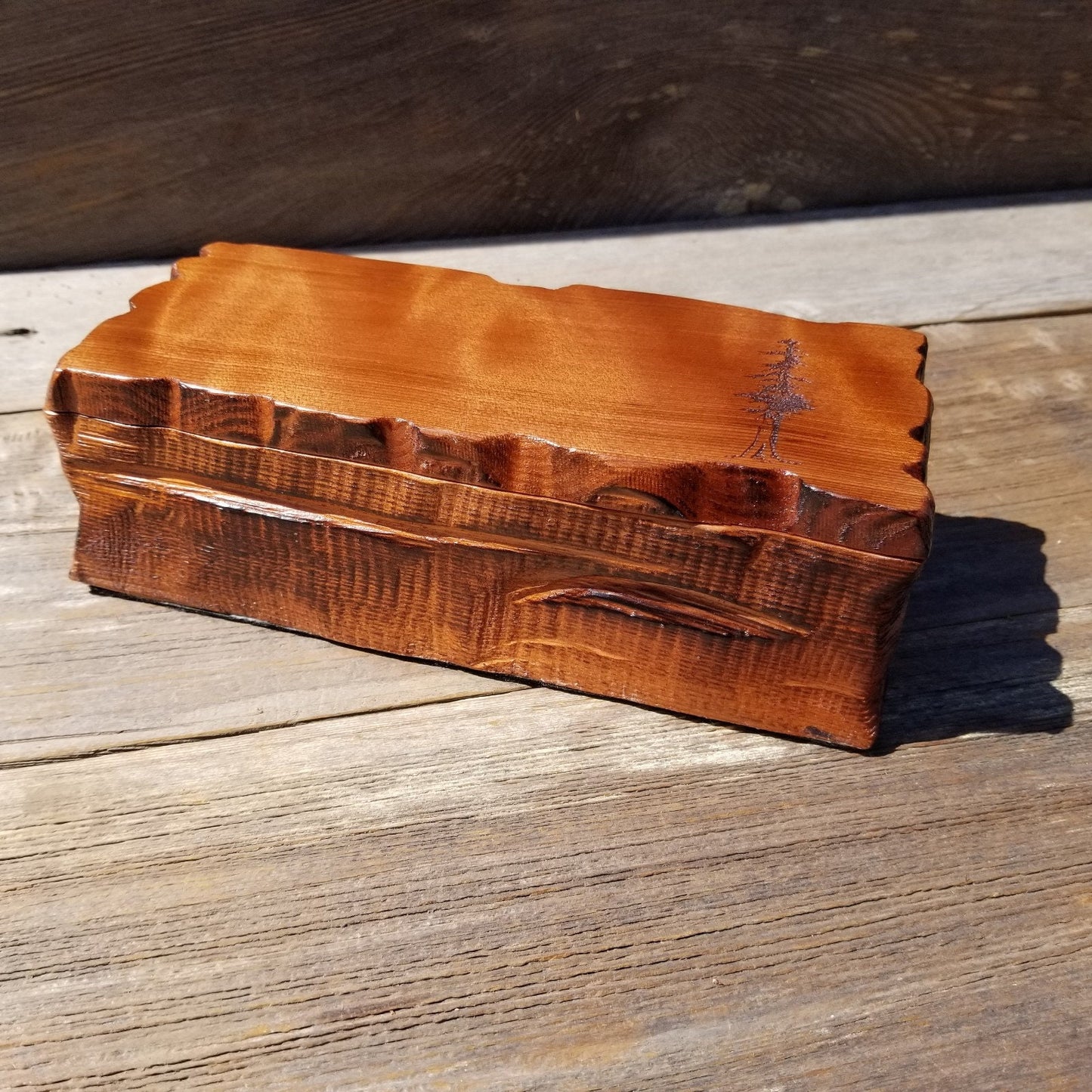 Handmade Wood Box with Redwood Tree Engraved Rustic Handmade Curly Wood #507 California Redwood Jewelry Box Storage Box