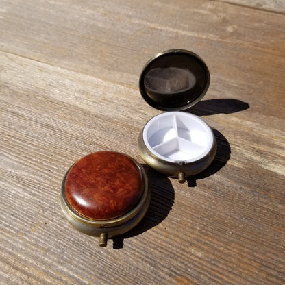 Handmade Pill Box 3 Sections Redwood Top California Burl Souvenir Memento Rustic Antique Bronze #418