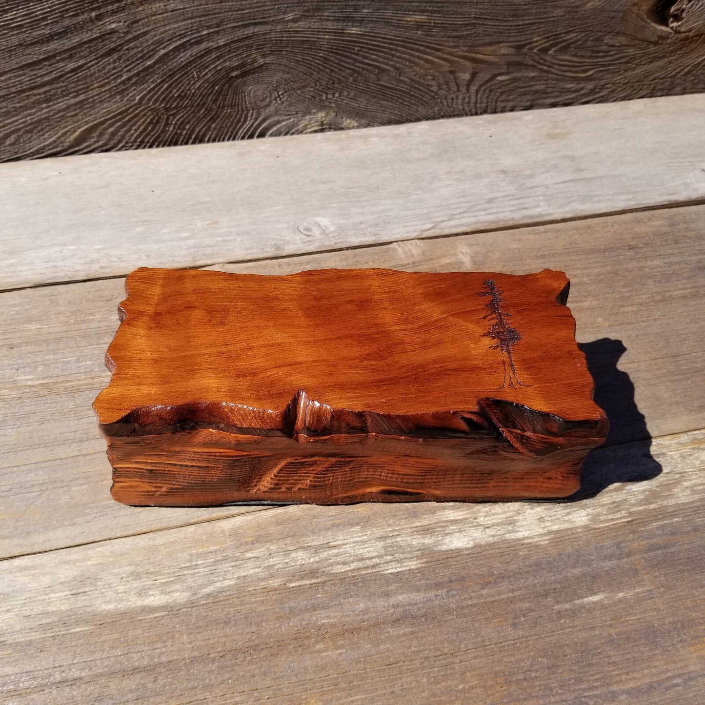 Handmade Wood Box with Redwood Tree Engraved Rustic Handmade Curly Wood #494 California Redwood Jewelry Box Storage Box