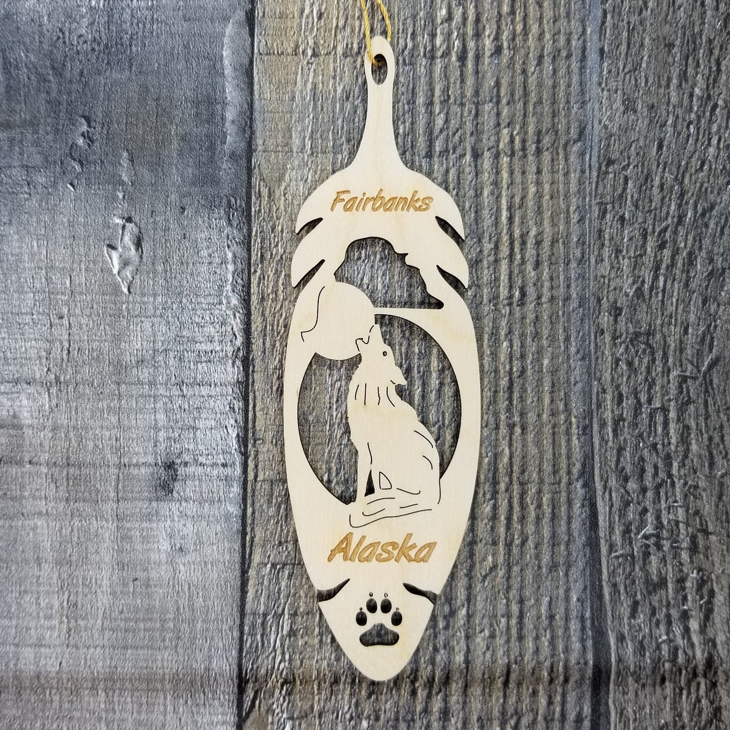 Fairbanks Alaska Wolf Christmas Ornament Wood Laser Cut Handmade in USA Souvenir Memento Leaf 5.375" Travel Gift AK