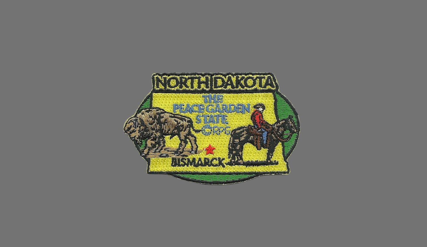 North Dakota Patch – ND State Travel Patch Souvenir Applique 3" Iron On The Peace Garden State Bismarck Cowboy Buffalo or Bison