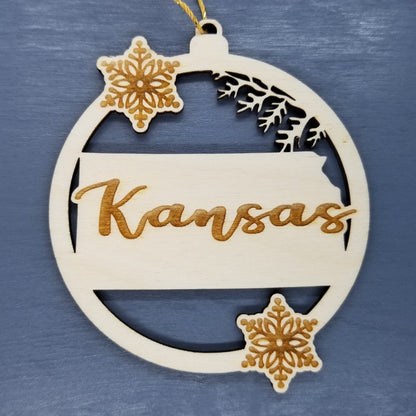 Kansas Ornament - State Shape with Snowflakes Cutout KS Souvenir - Handmade Wood Ornament Made in USA Christmas Decor