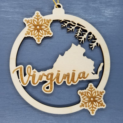 Virginia Wood Ornament -  VA State Shape with Snowflakes Cutout - Handmade Wood Ornament Made in USA Christmas Decor