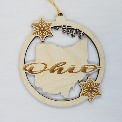 Ohio Wood Ornament -  State Shape with Snowflakes Cutout OH - Handmade Wood Ornament Made in USA Christmas Decor