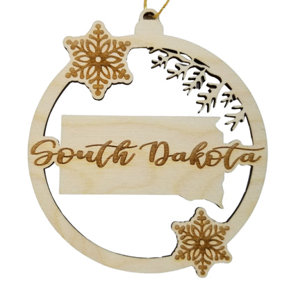 South Dakota Wood Ornament -  SD State Shape with Snowflakes Cutout - Handmade Wood Ornament Made in USA Christmas Decor