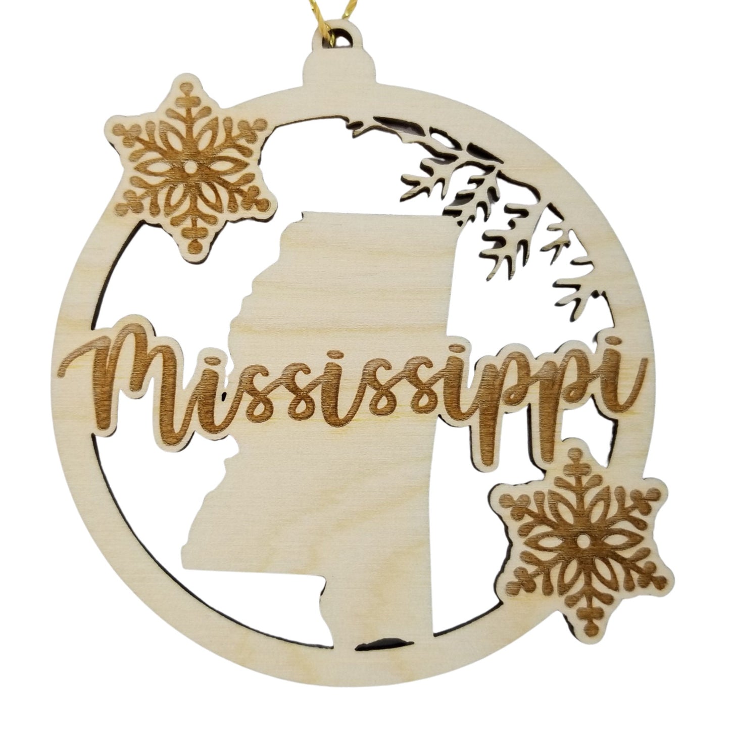 Mississippi Wood Ornament -  MS State Shape with Snowflakes Cutout - Handmade Wood Ornament Made in USA Christmas Decor