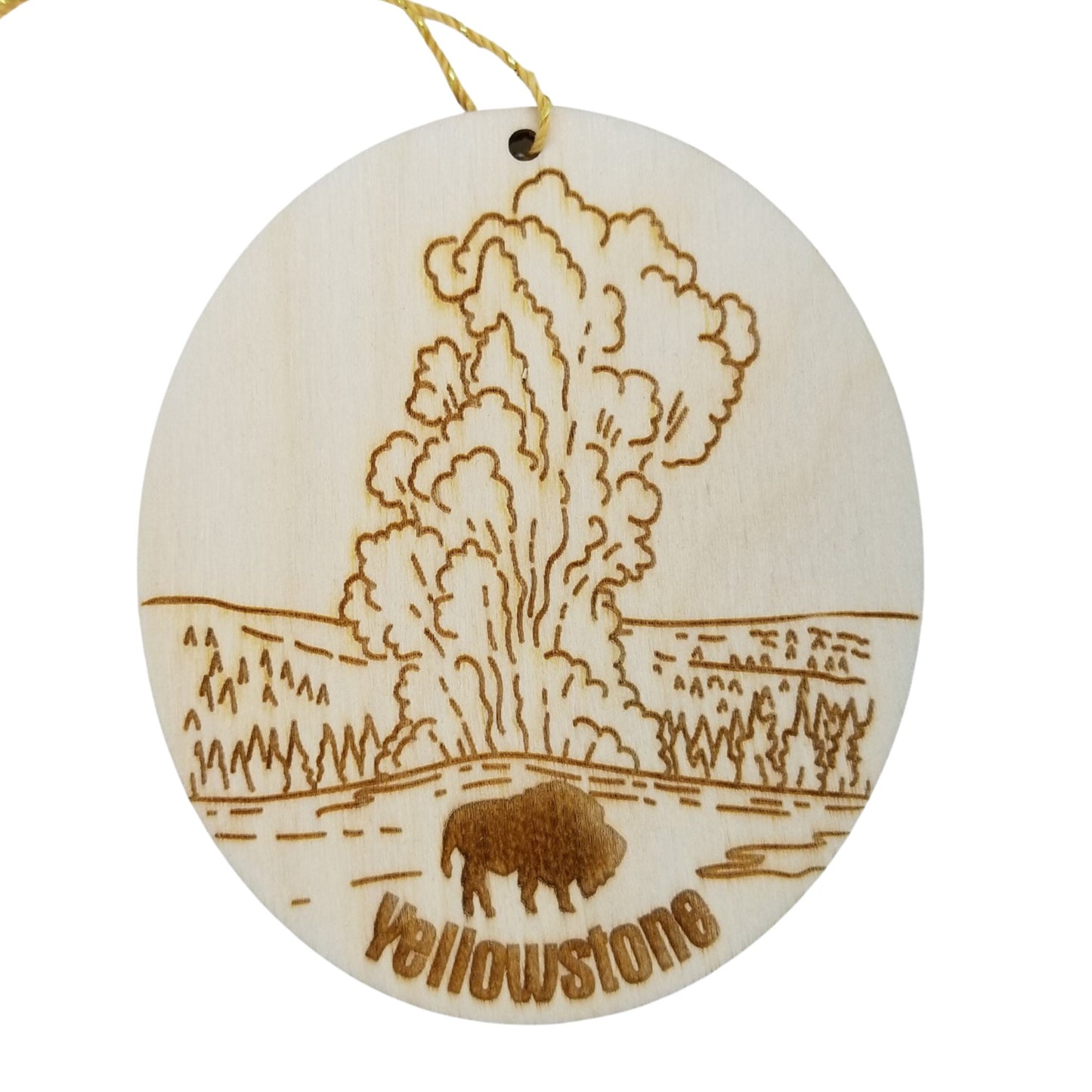 Yellowstone National Park Ornament Old Faithful Geyser Bison Buffalo Handmade Wood Souvenir Made in USA Travel Gift 3 Inch Christmas