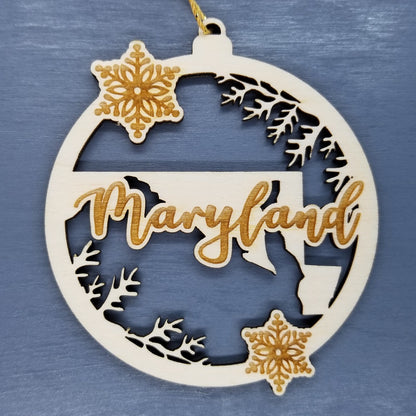 Maryland Wood Ornament -  State Shape with Snowflakes Cutout MD - Handmade Wood Ornament Made in USA Christmas Decor