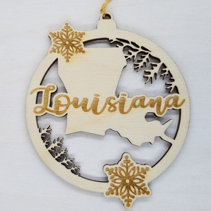 Louisiana Wood Ornament -  LA State Shape with Snowflakes Cutout - Handmade Wood Ornament Made in USA Christmas Decor