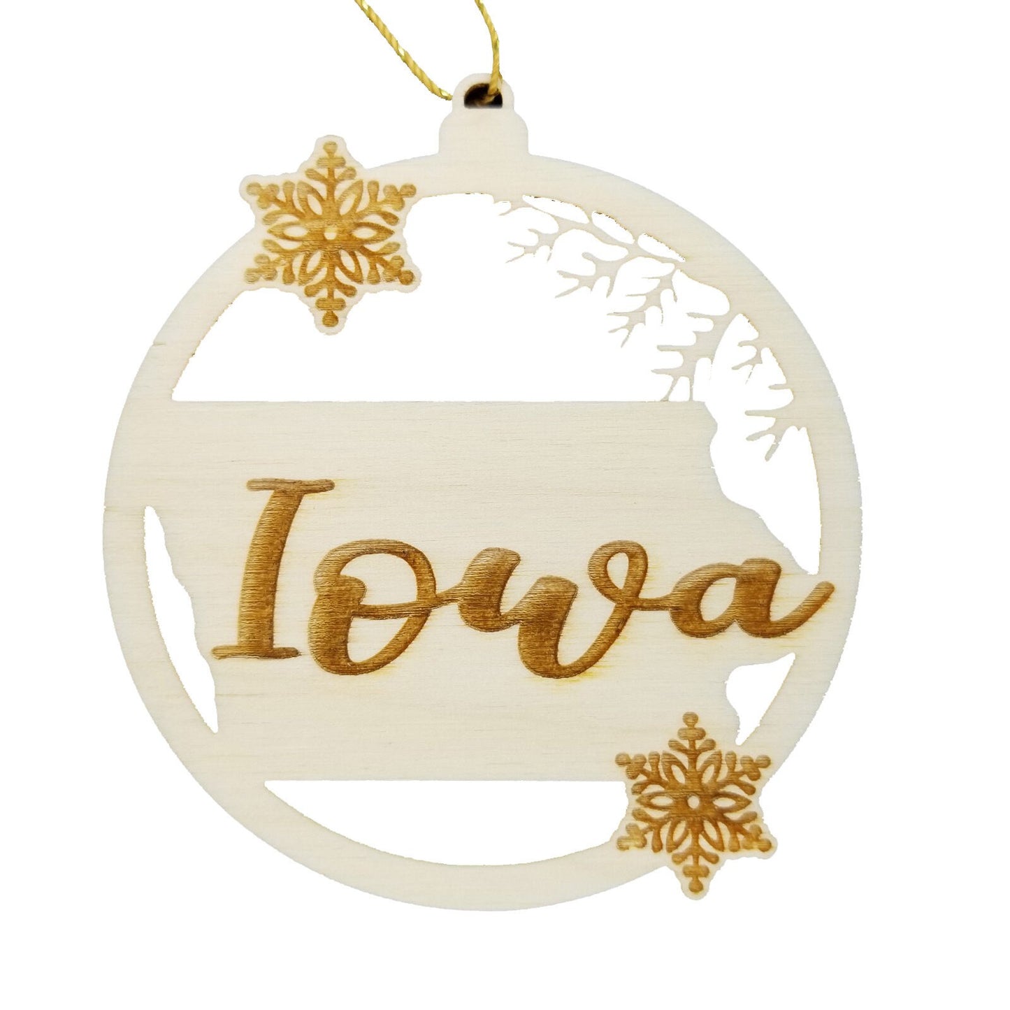 Iowa Ornament - State Shape with Snowflakes Cutout IA Souvenir - Handmade Wood Ornament Made in USA Christmas Decor