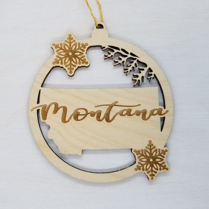 Montana Ornament - State Shape with Snowflakes Cutout MT - Handmade Wood Ornament Made in USA Christmas Decor