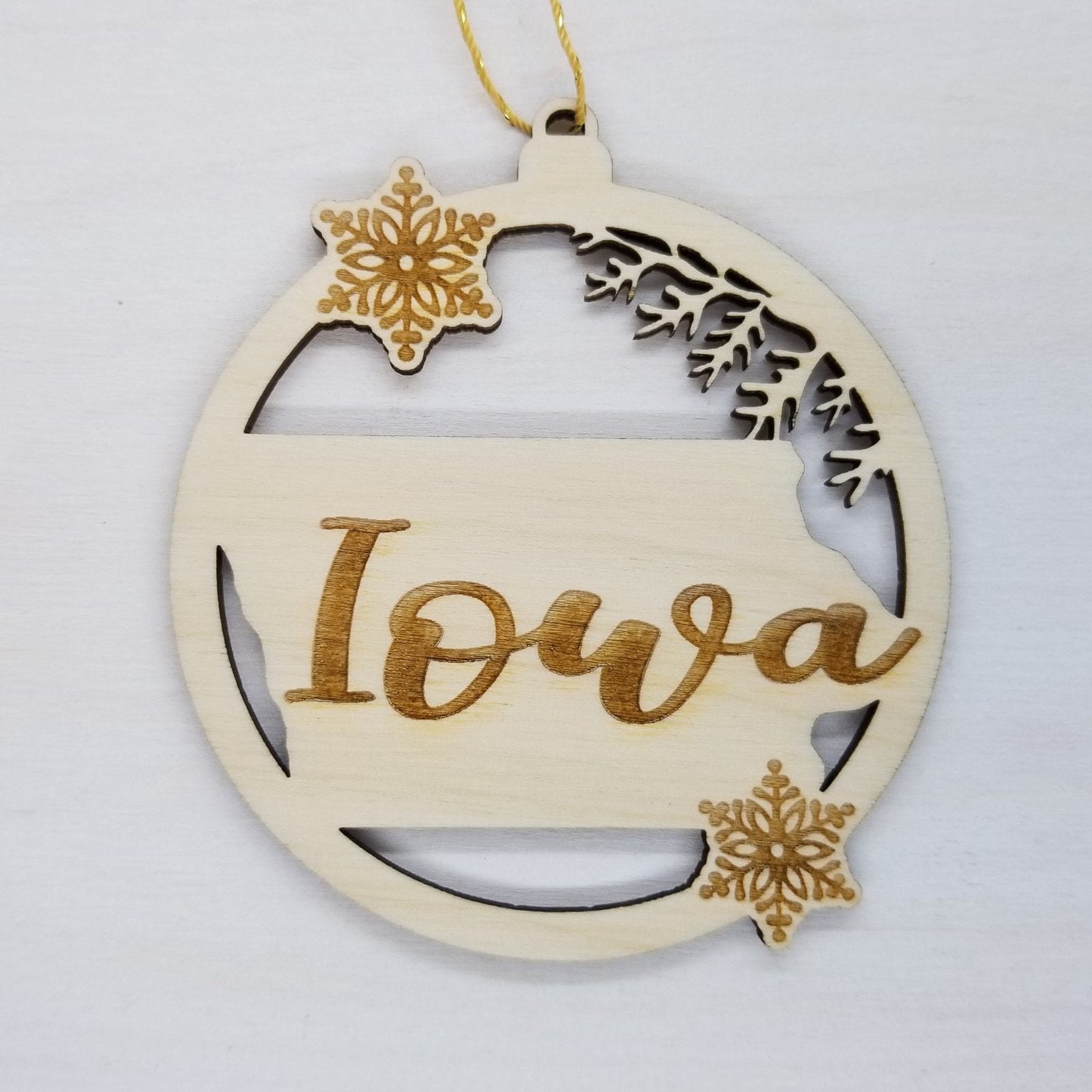 Iowa Ornament - State Shape with Snowflakes Cutout IA Souvenir - Handmade Wood Ornament Made in USA Christmas Decor