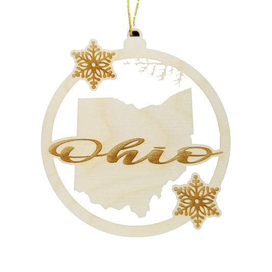 Ohio Wood Ornament -  State Shape with Snowflakes Cutout OH - Handmade Wood Ornament Made in USA Christmas Decor