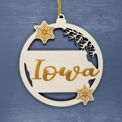 Iowa Ornament - State Shape with Snowflakes Cutout IA Souvenir - Handmade Wood Ornament Made in USA Christmas Decor