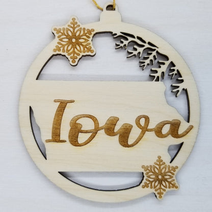 Iowa Ornament - State Shape with Snowflakes Cutout IA Souvenir - Handmade Wood Ornament Made in USA Christmas Decor