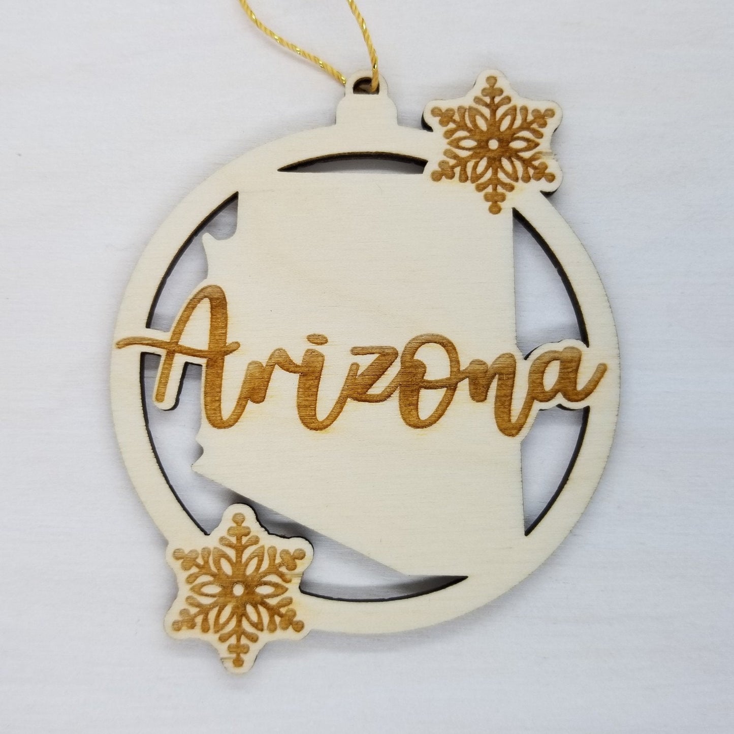 Arizona Ornament - State Shape with Snowflakes Cutout AZ- Handmade Wood Ornament Made in USA Christmas Decor