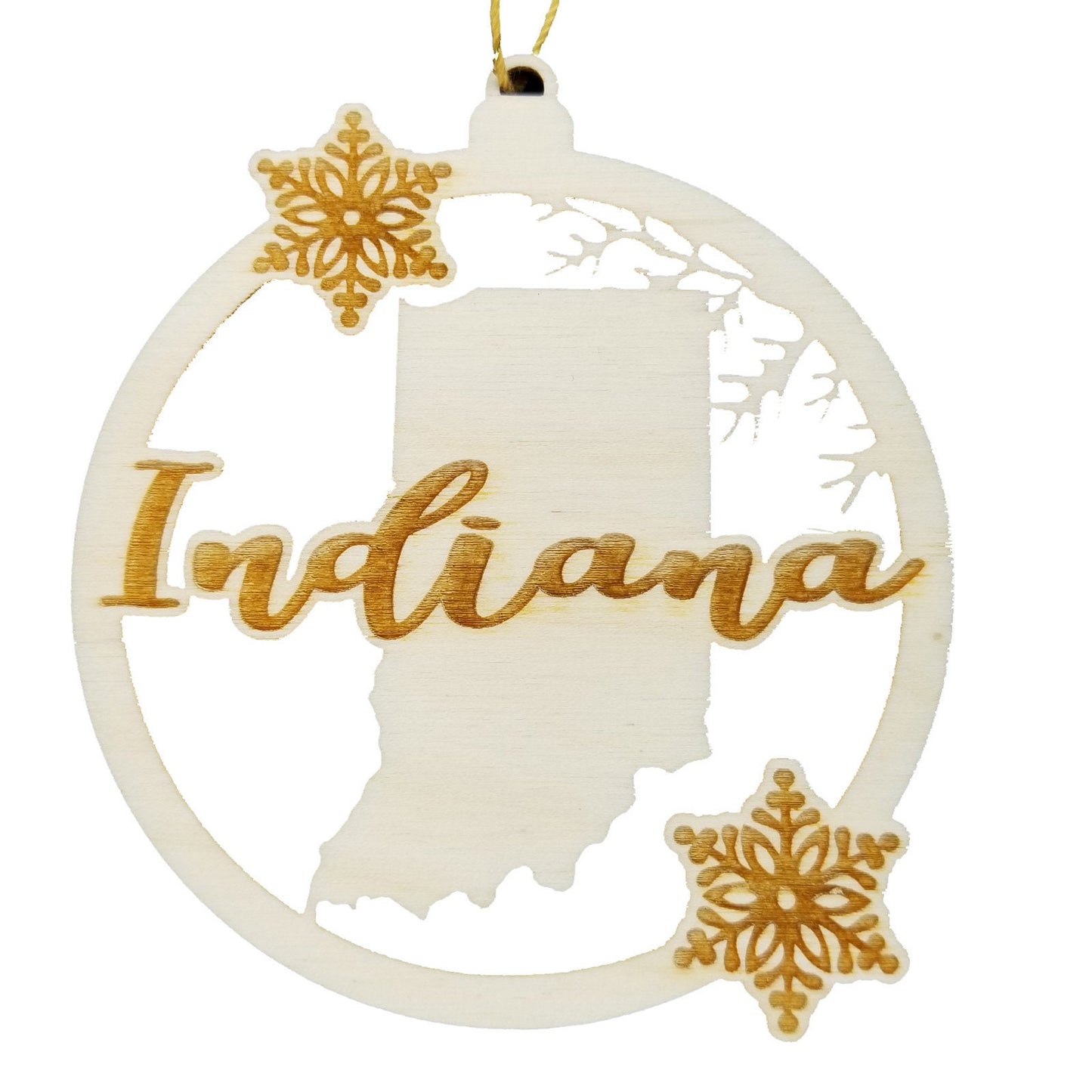 Indiana Ornament - State Shape with Snowflakes Cutout IN Souvenir - Handmade Wood Ornament Made in USA Christmas Decor