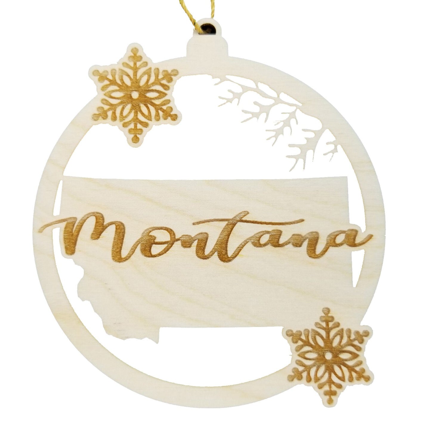 Montana Ornament - State Shape with Snowflakes Cutout MT - Handmade Wood Ornament Made in USA Christmas Decor