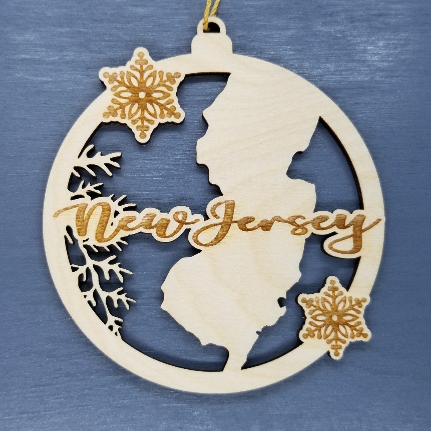 New Jersey Ornament - State Shape with Snowflakes Cutout NJ - Handmade Wood Ornament Made in USA Christmas Decor