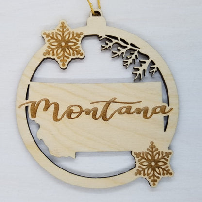 Montana Ornament - State Shape with Snowflakes Cutout MT - Handmade Wood Ornament Made in USA Christmas Decor