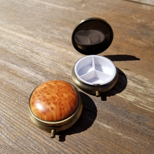 Handmade Pill Box 3 Sections California Redwood Burl Top #415 Souvenir Memento Rustic Antique Bronze