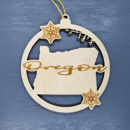 Oregon Wood Ornament -  State Shape with Snowflakes Cutout OR - Handmade Wood Ornament Made in USA Christmas Decor