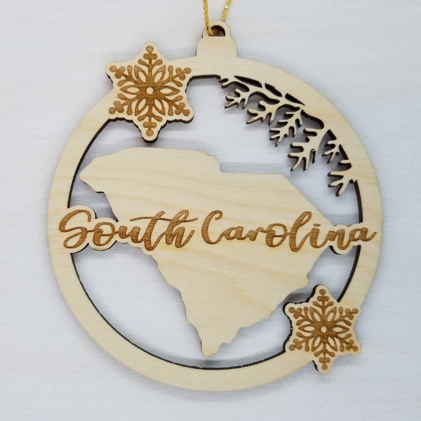 South Carolina Ornament - State Shape with Snowflakes Cutout SC - Handmade Wood Ornament Made in USA Christmas Decor