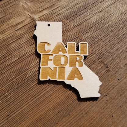 California State Christmas Ornament Bubble Spellout Letters Handmade Wood Ornament Made in USA Laser Cut Cutout Shape CA Souvenir