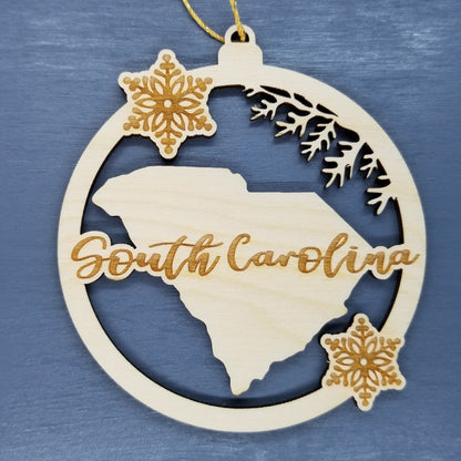 South Carolina Ornament - State Shape with Snowflakes Cutout SC - Handmade Wood Ornament Made in USA Christmas Decor