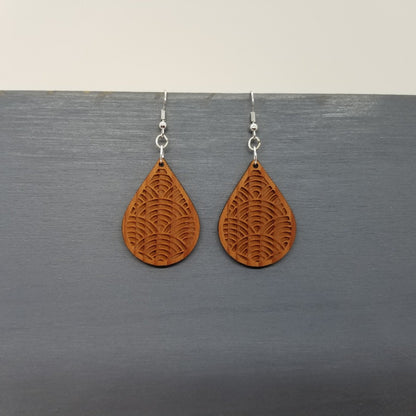 Redwood Earrings - Engraved Teardrop Wood Earrings - California Redwood Dangle Earrings - CA Souvenir Keepsake - Anniversary Gift