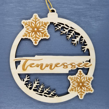 Tennessee Wood Ornament -  TN State Shape with Snowflakes Cutout - Handmade Wood Ornament Made in USA Christmas Decor