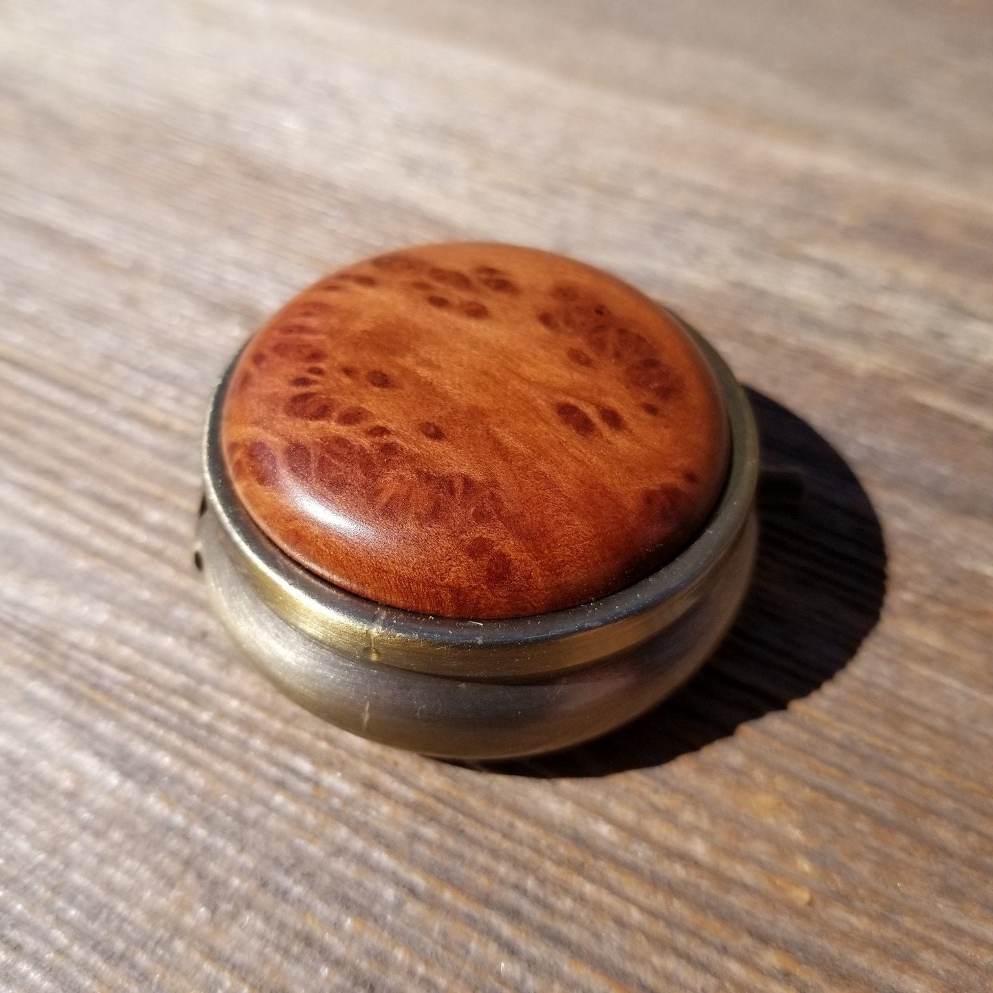 Pill Box 3 Sections Handmade Redwood Top California Burl Souvenir Memento One of a Kind Gift Antique Bronze #414