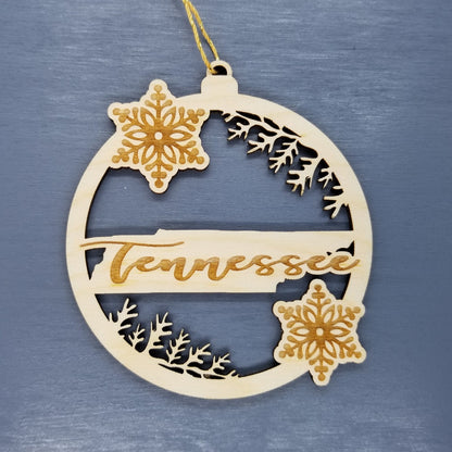 Tennessee Wood Ornament -  TN State Shape with Snowflakes Cutout - Handmade Wood Ornament Made in USA Christmas Decor