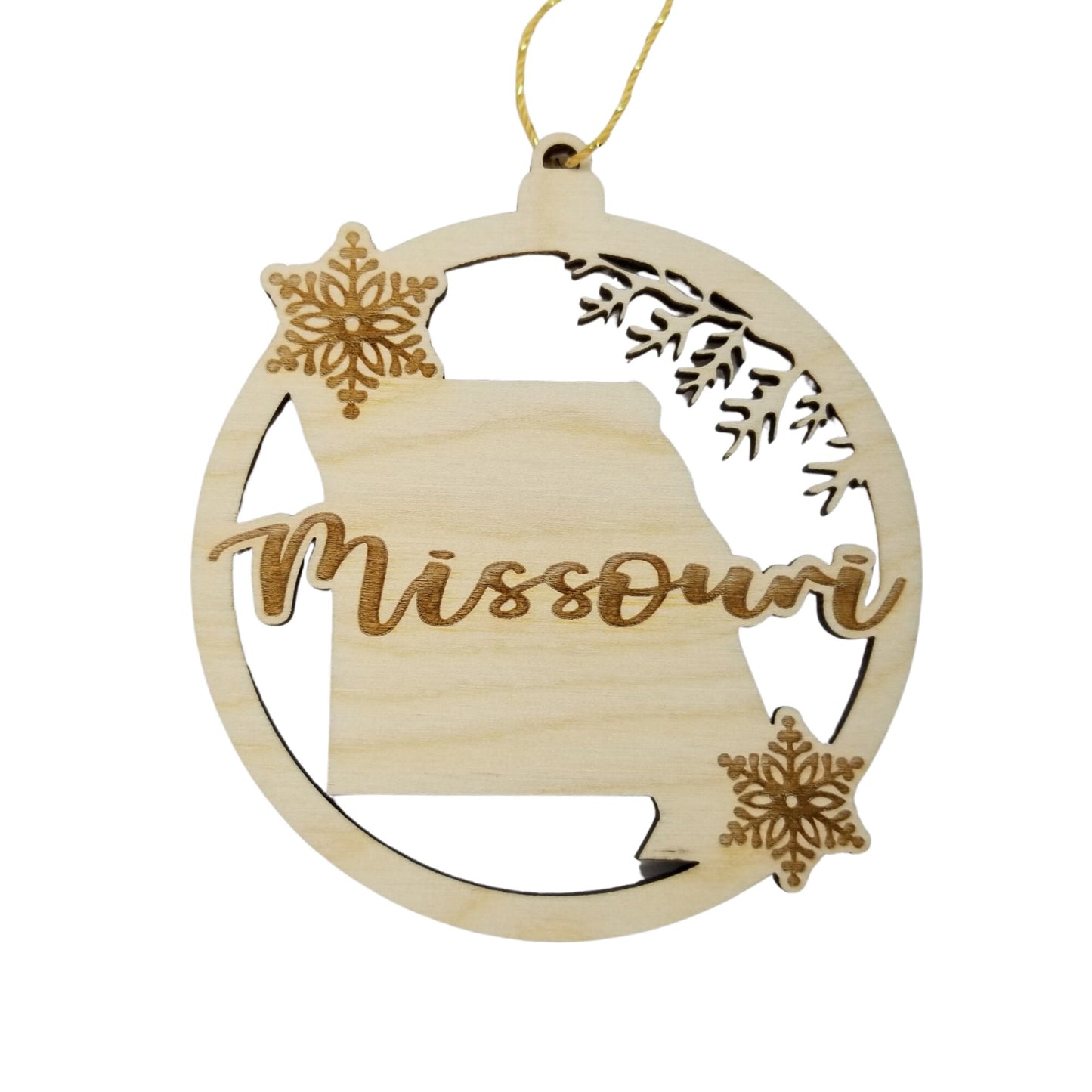 Missouri Wood Ornament -  MO State Shape with Snowflakes Cutout - Handmade Wood Ornament Made in USA Christmas Decor