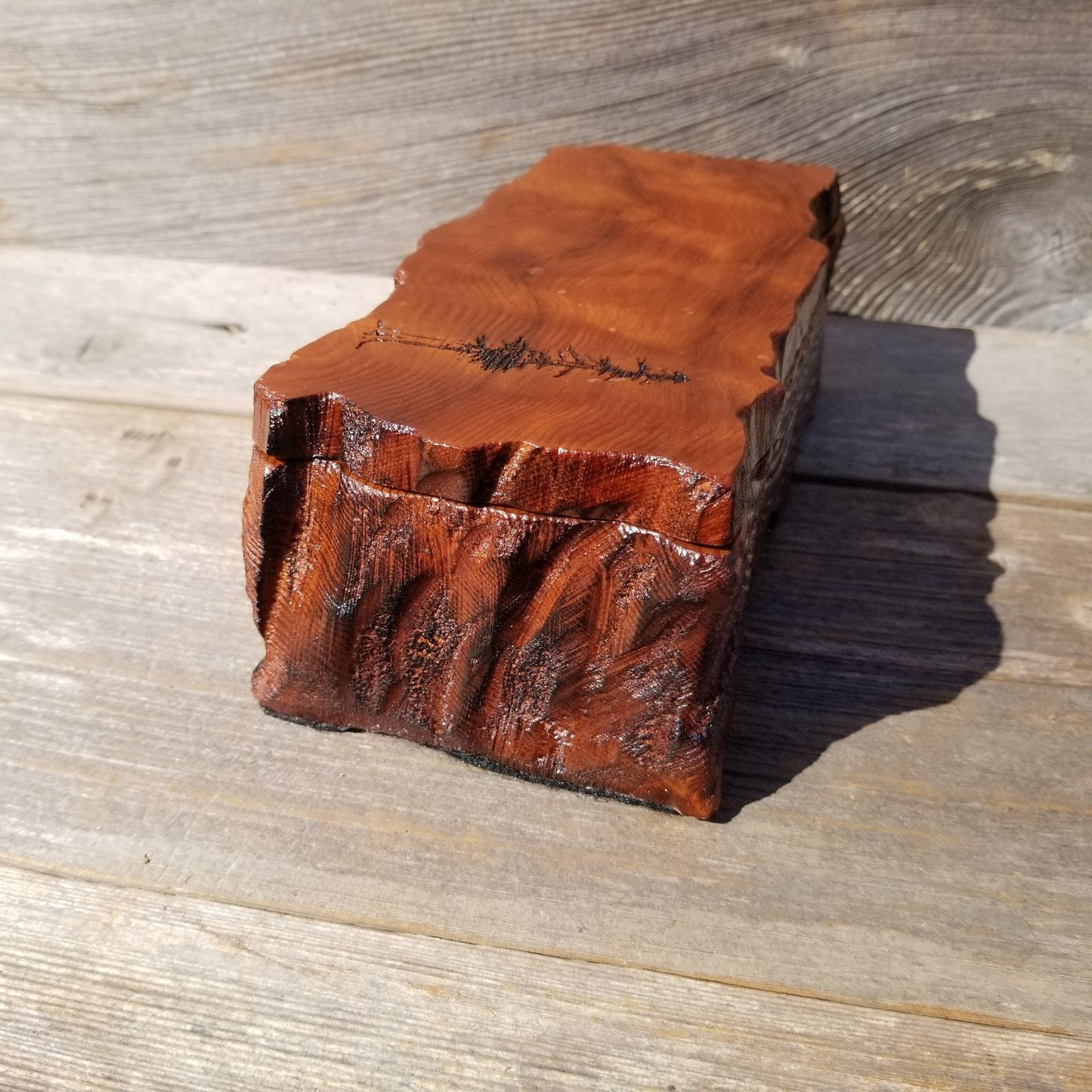 Redwood Jewelry Box Curly Wood Engraved Rustic Handmade California #445 Memento Box, Valentine's Day Gift