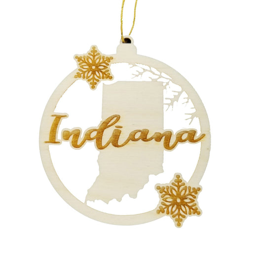 Indiana Ornament - State Shape with Snowflakes Cutout IN Souvenir - Handmade Wood Ornament Made in USA Christmas Decor